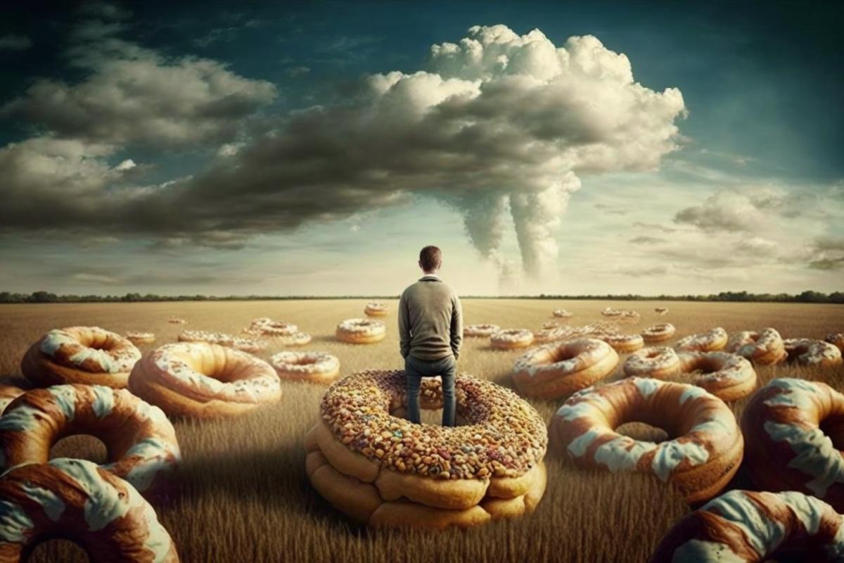 a man kneeling down in a field of donuts, a surrealist photo