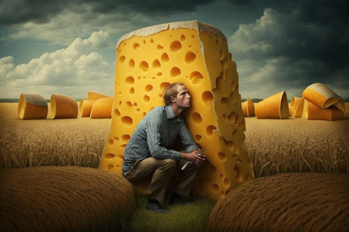 a man kneeling down in a field of cheese, a surrealist painting by Tom Chambers, shutterstock contest winner, synthetism, made of cheese, velvia, photo taken with provia