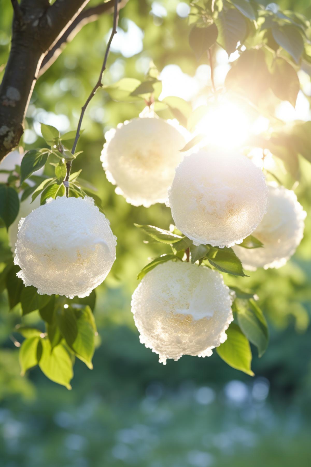 Ice cream balls grow on tree branches, glowing particle effects, lens flare, sunlight