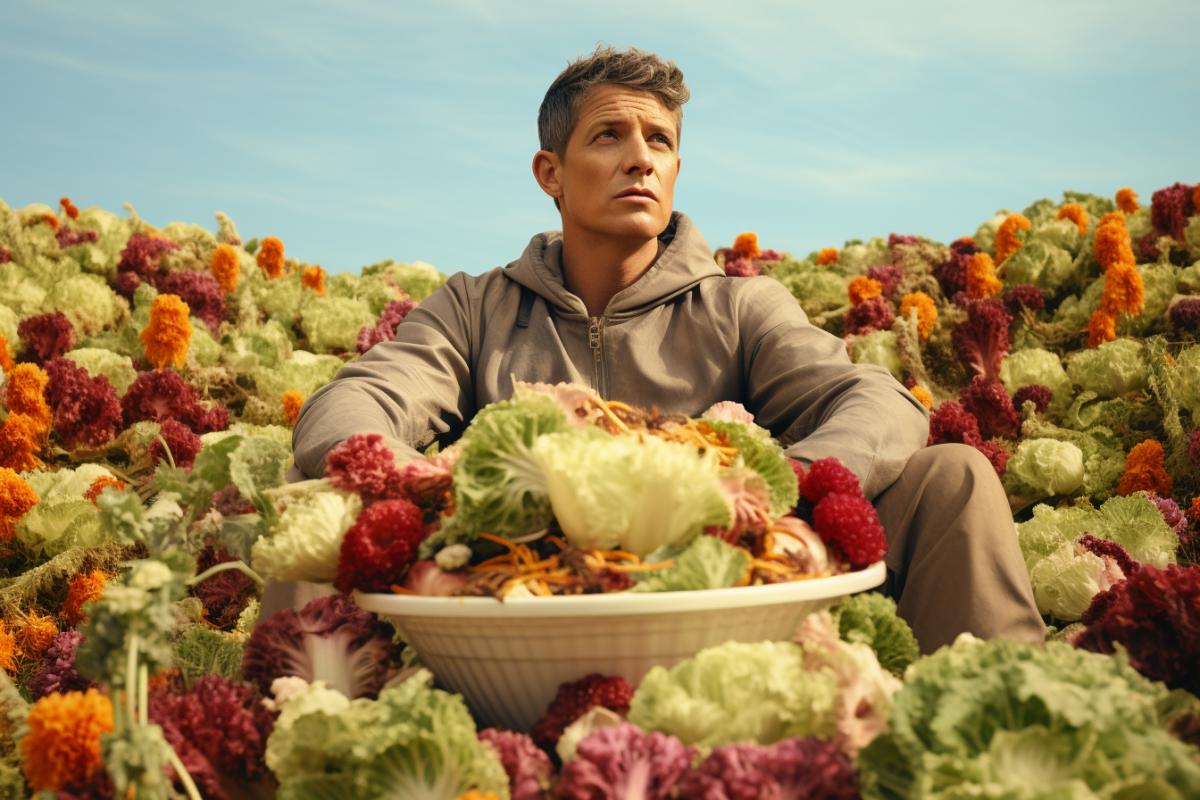 a man sitting in a field of Caesar salad with a basket of Caesar salad, a stock photo by Chris LaBrooy, shutterstock contest winner, color field, made of flowers, stockphoto, maximalist