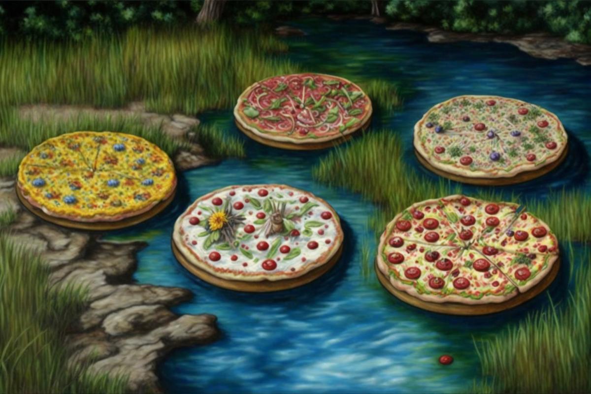 five pizzas float on the surface of a pond near the shore
