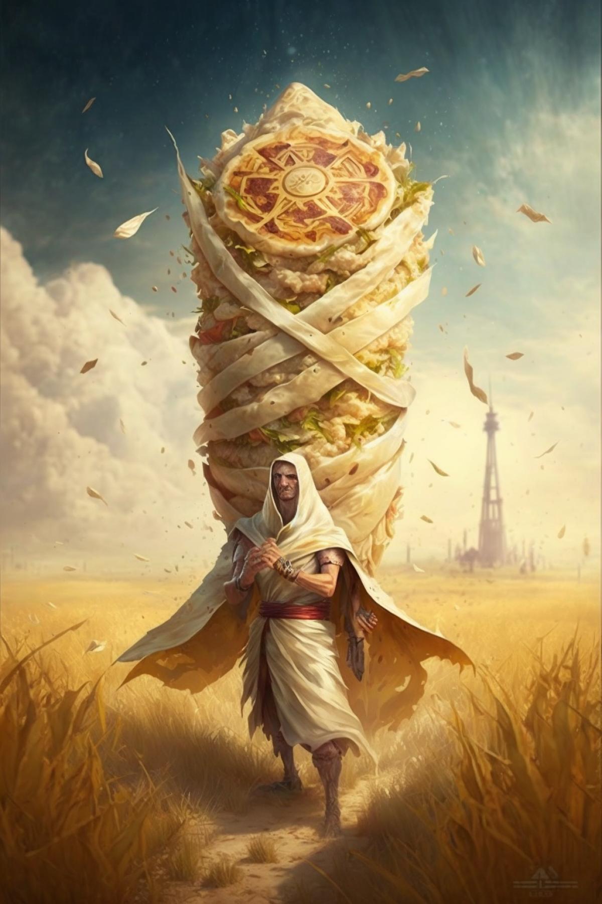 God of shawarma in a field of mini shawarma.