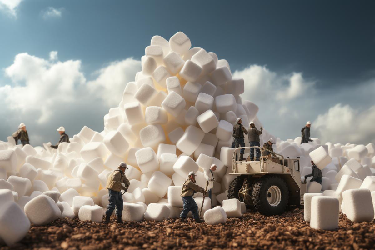 Macro photography,low angle shot,wide angle,several small figures on the field, huge block of marshmallow,stacked,stacked,super high resolution,epic lighting,intricate detail,unreal engine,photography,8k