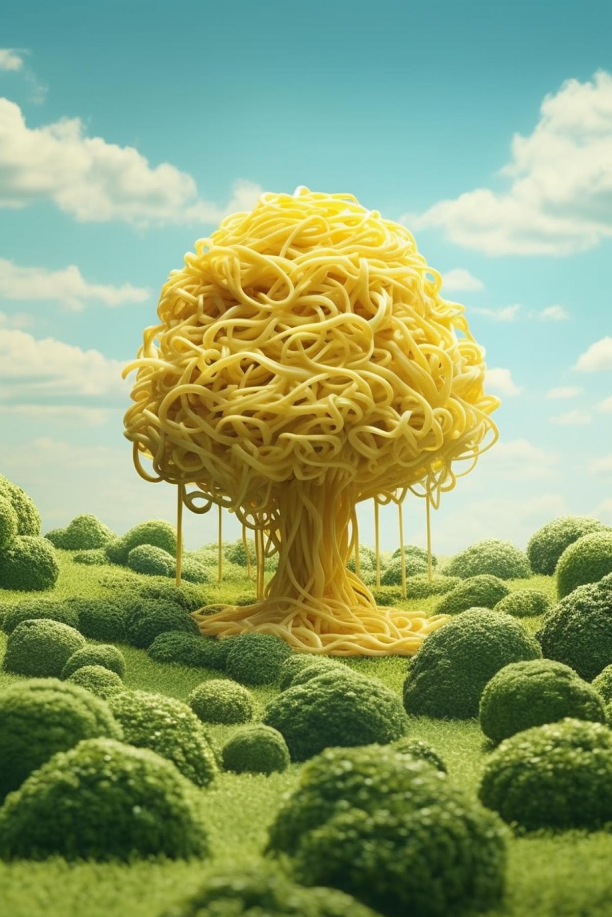 A tree with noodles growing on it in a field of cheese