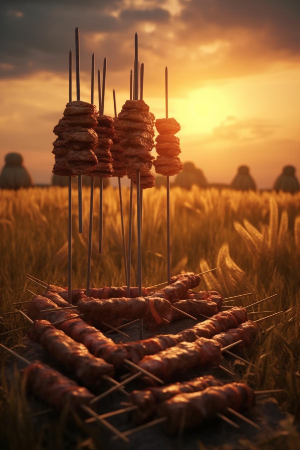 A field on which delicious fried pieces of meat grow on iron rods like wheat spikelets, kebabs on skewers grow from the ground