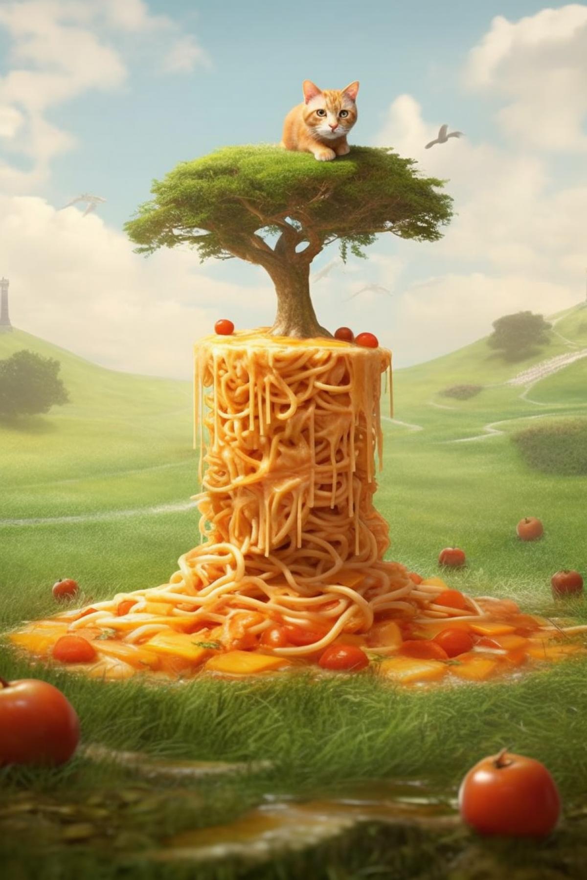 The cat looks at the Tree with noodles growing on it in a field of cheese sprinkled with ketchup