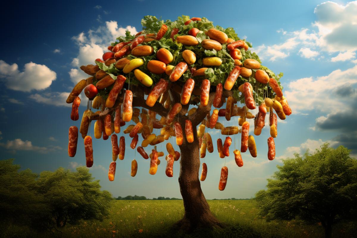 A fruiting fruit tree that has sausage rolls hanging from its branches instead of apples