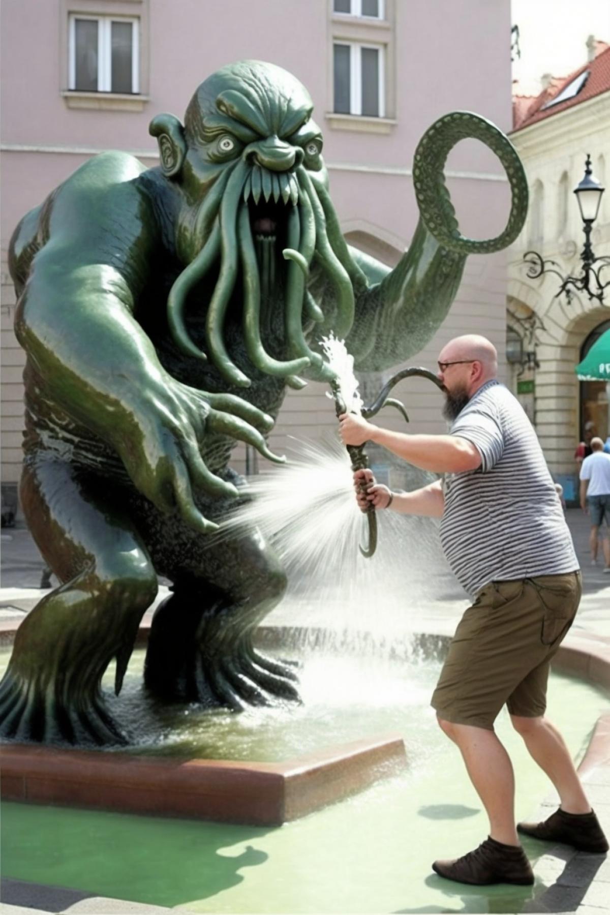 A man in a striped t-shirt fights Cthulhu in the city fountain, funny photo