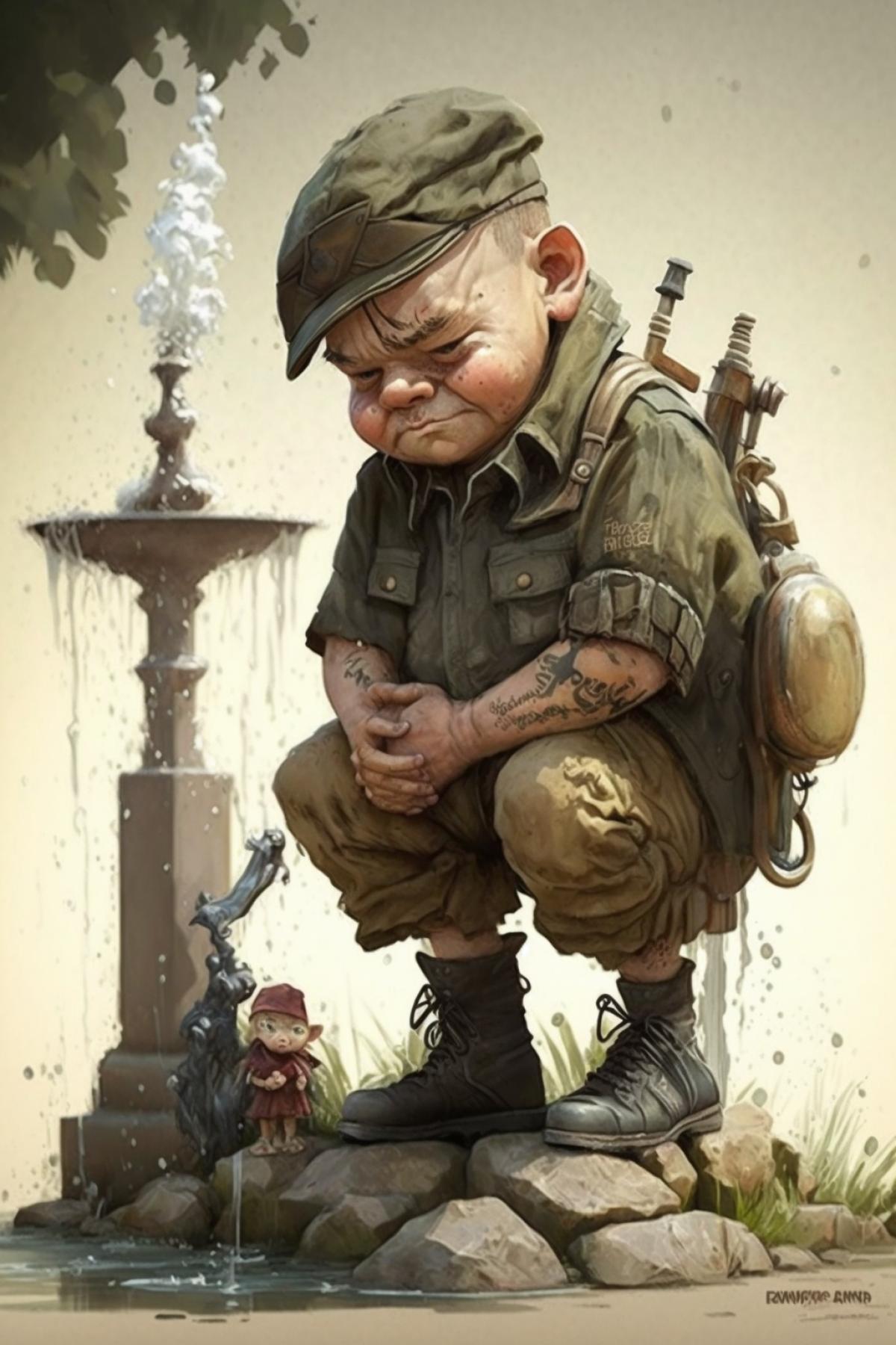 A comic struggle between a soldier of the airborne troops and a fountain in the park that came to life. :: Caricature.
