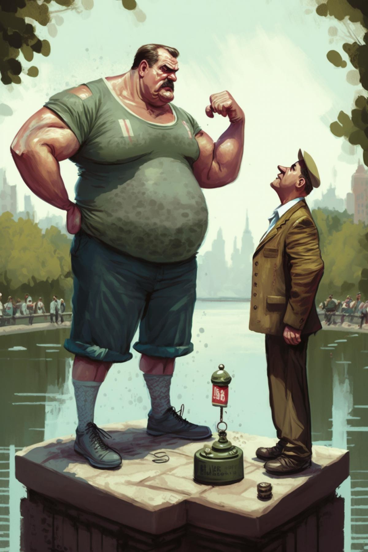 A comic fight between a soldier of the Airborne Forces and a revived fountain in the park. :: Caricature.