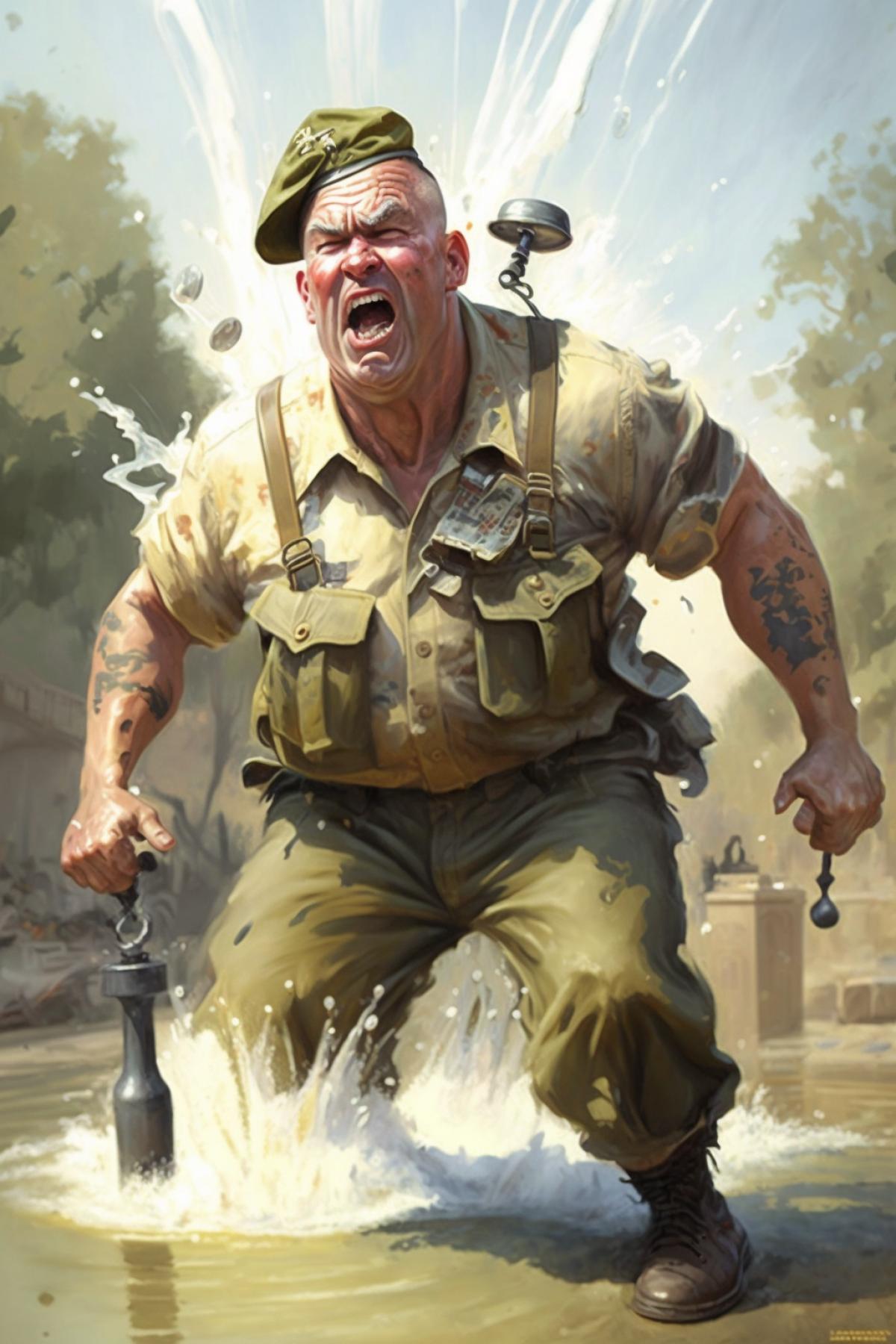 A comic fight between a soldier of the Airborne Forces and a revived fountain in the park. :: Caricature.