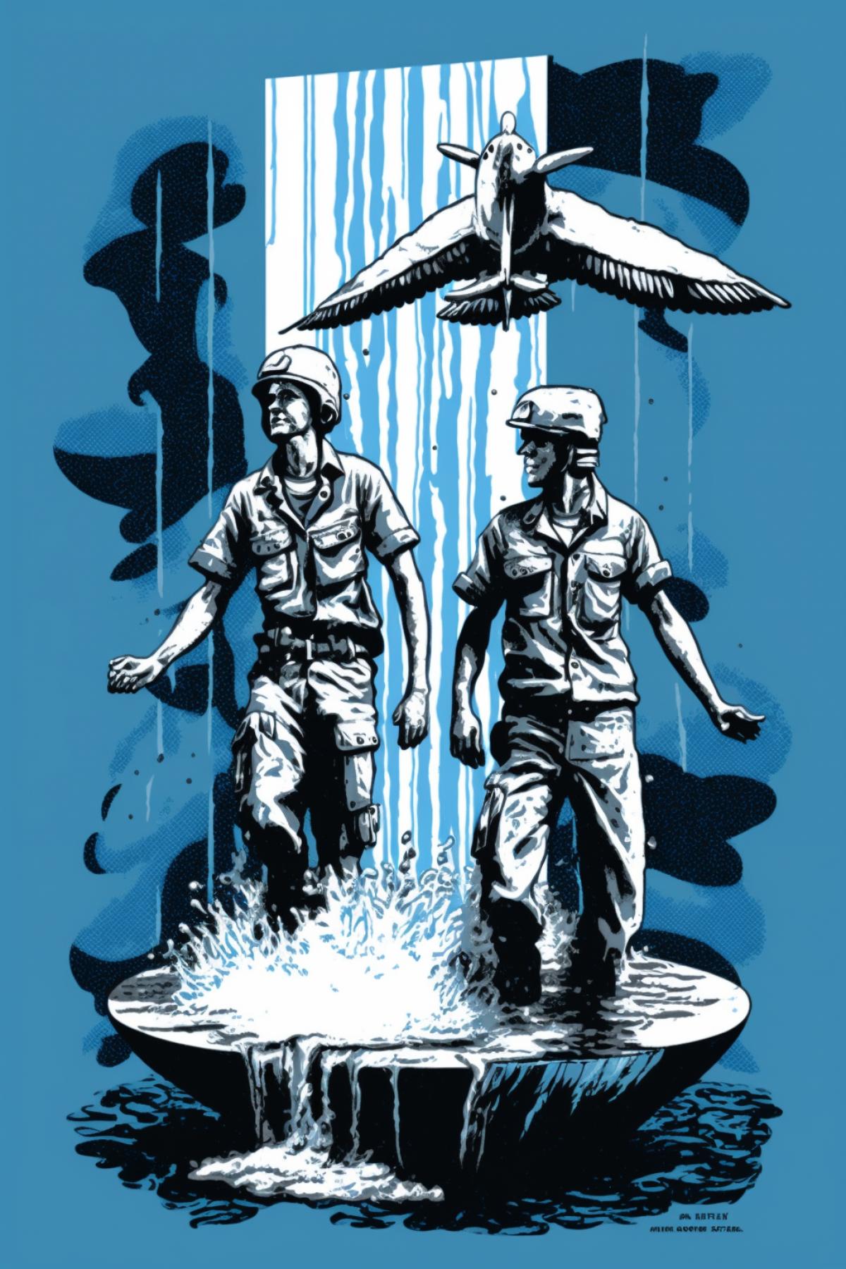 Fountain, in the water two airborne fighters staged a comic fight, dressed in T-shirts with horizontal stripes of white and blue, blue berets on their heads.