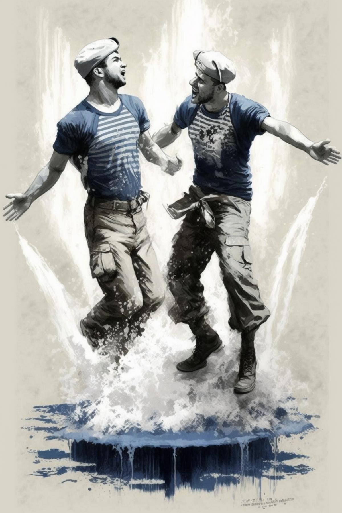 Fountain, in the water two airborne fighters staged a comic fight, dressed in T-shirts with horizontal stripes of white and blue, blue berets on their heads.