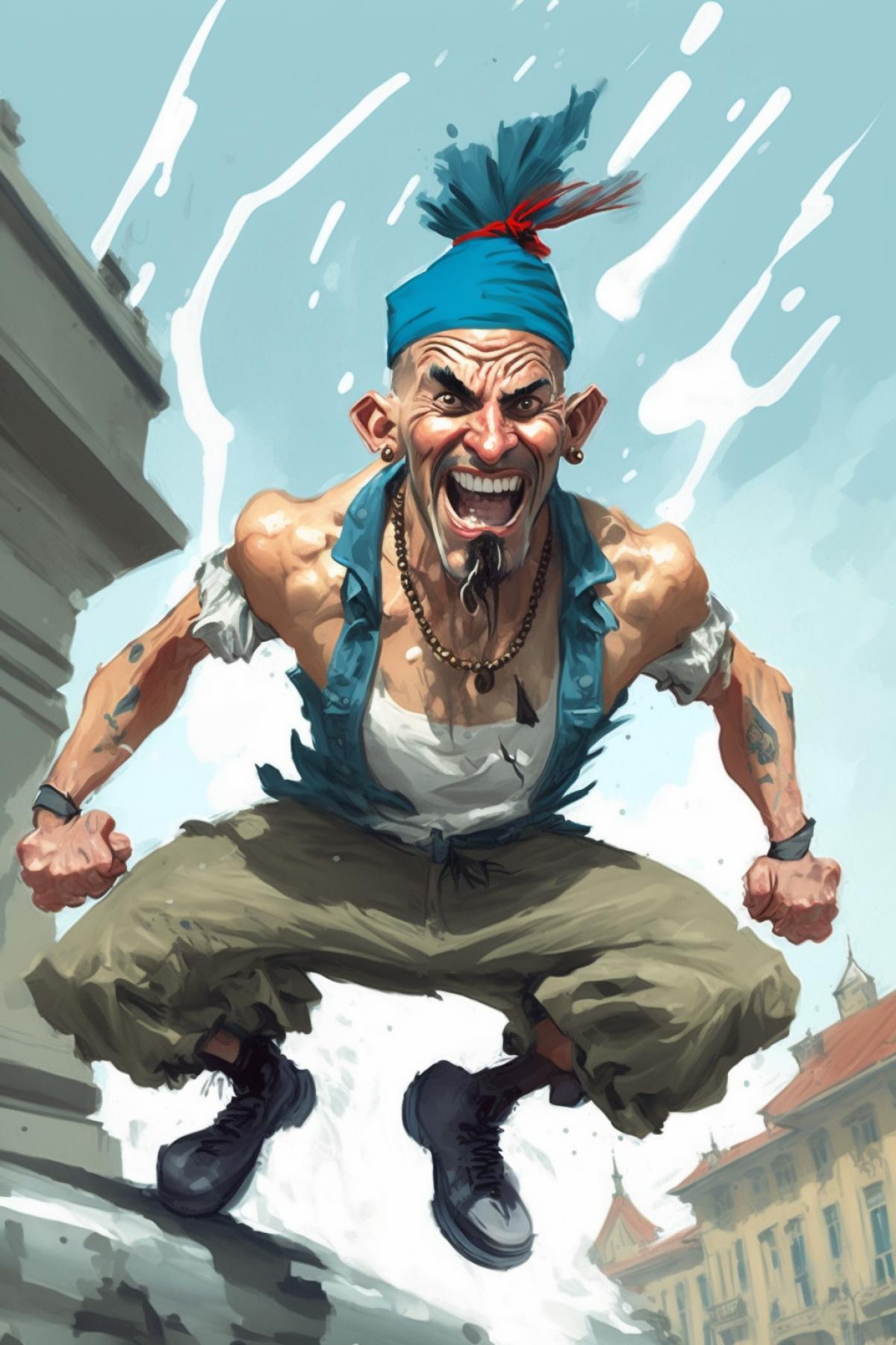 A comic fight in the fountain between airborne fighters in a T-shirt with horizontal blue and white stripes, a blue beret on his head:: Caricature