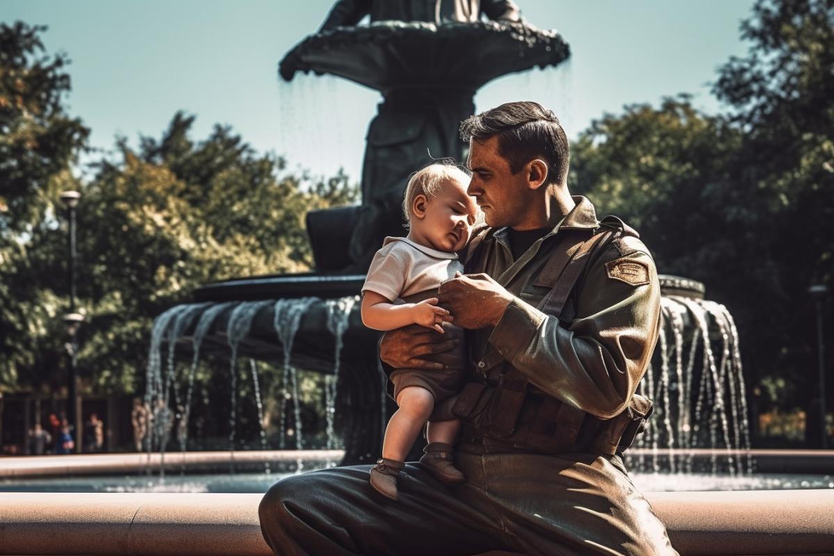A soldier holds a child in his arms near the fountain. Bright sunny day. Art photography.
