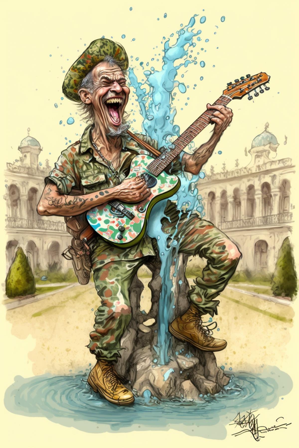 a cheerful man in spotted camouflage covers himself with a guitar from a fountain, caricature