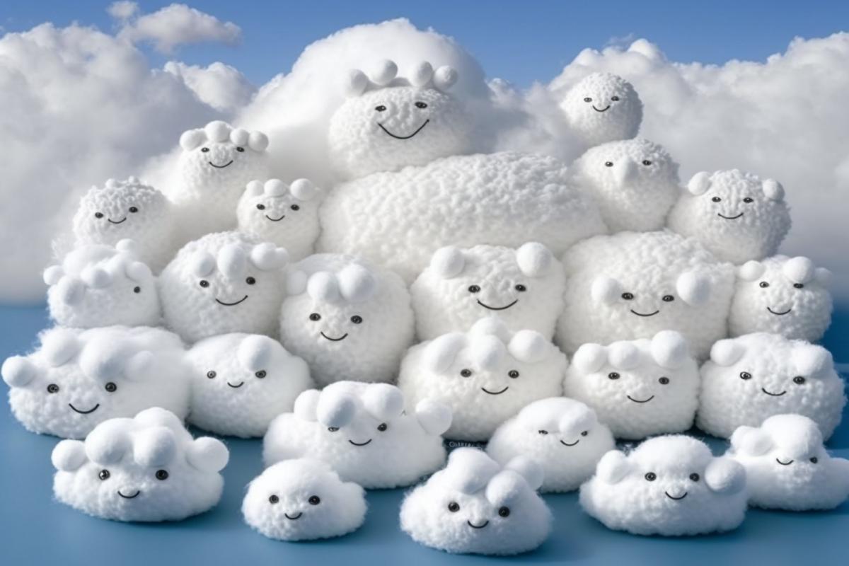 Clouds in the form of soft white fluffy childrens toys