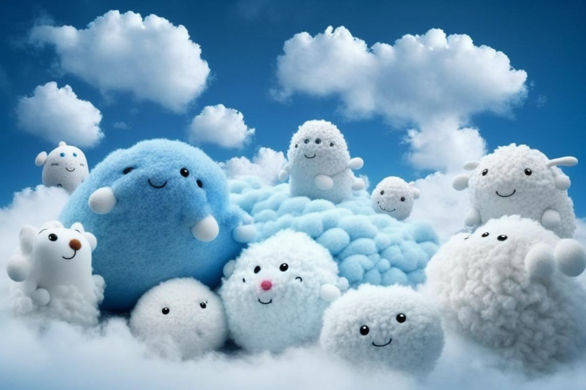 Clouds in the form of soft white fluffy childrens toys