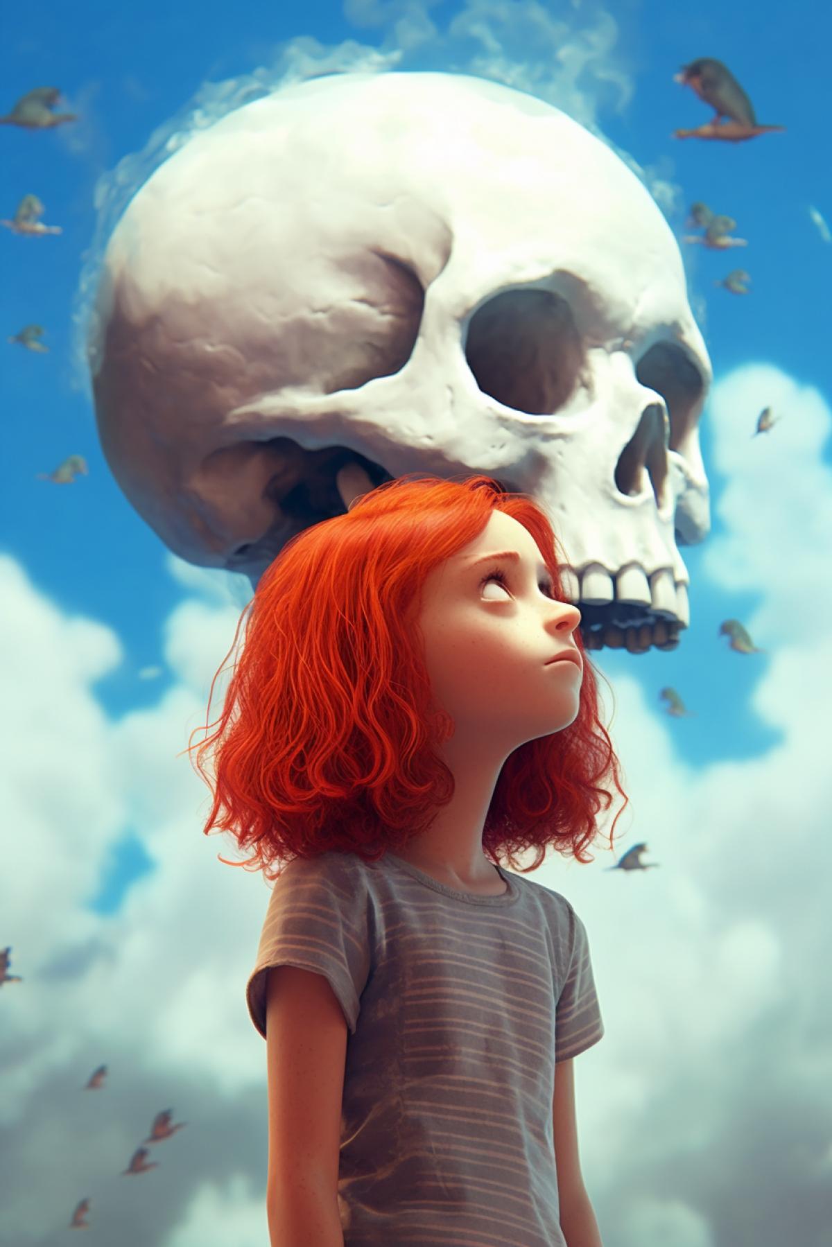 Little red-haired girl looks at a cloud in the form of a skull, pixar