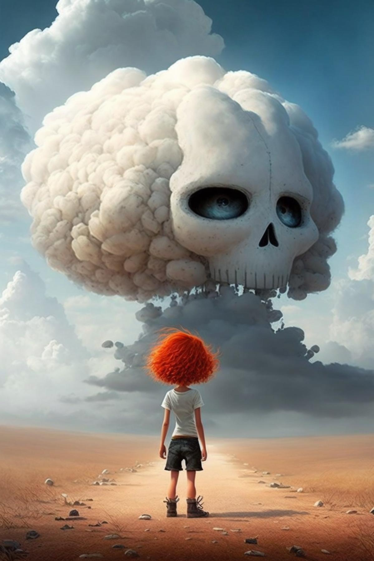 A cloud in the form of a skull looks at a little red-haired girl, pixar.