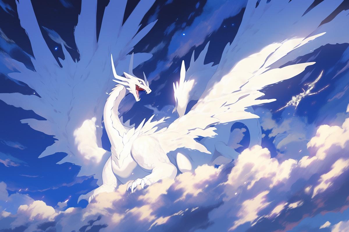 on a dark blue evening sky a large white cloud in the form of a flying white fluffy dragon with spread wings, an open mouth and a long tail, sky, cloud