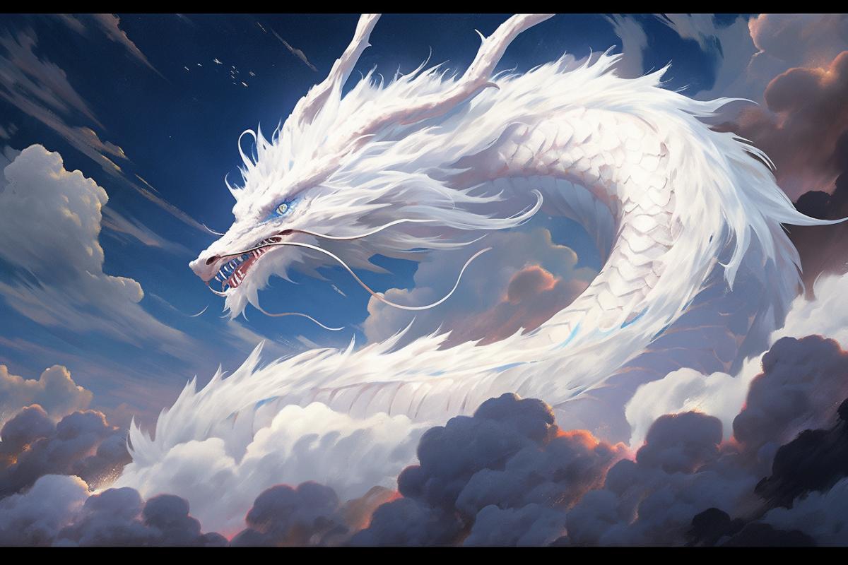 on a dark blue evening sky a large white cloud in the form of a flying white fluffy dragon with spread wings, an open mouth and a long tail, sky, cloud