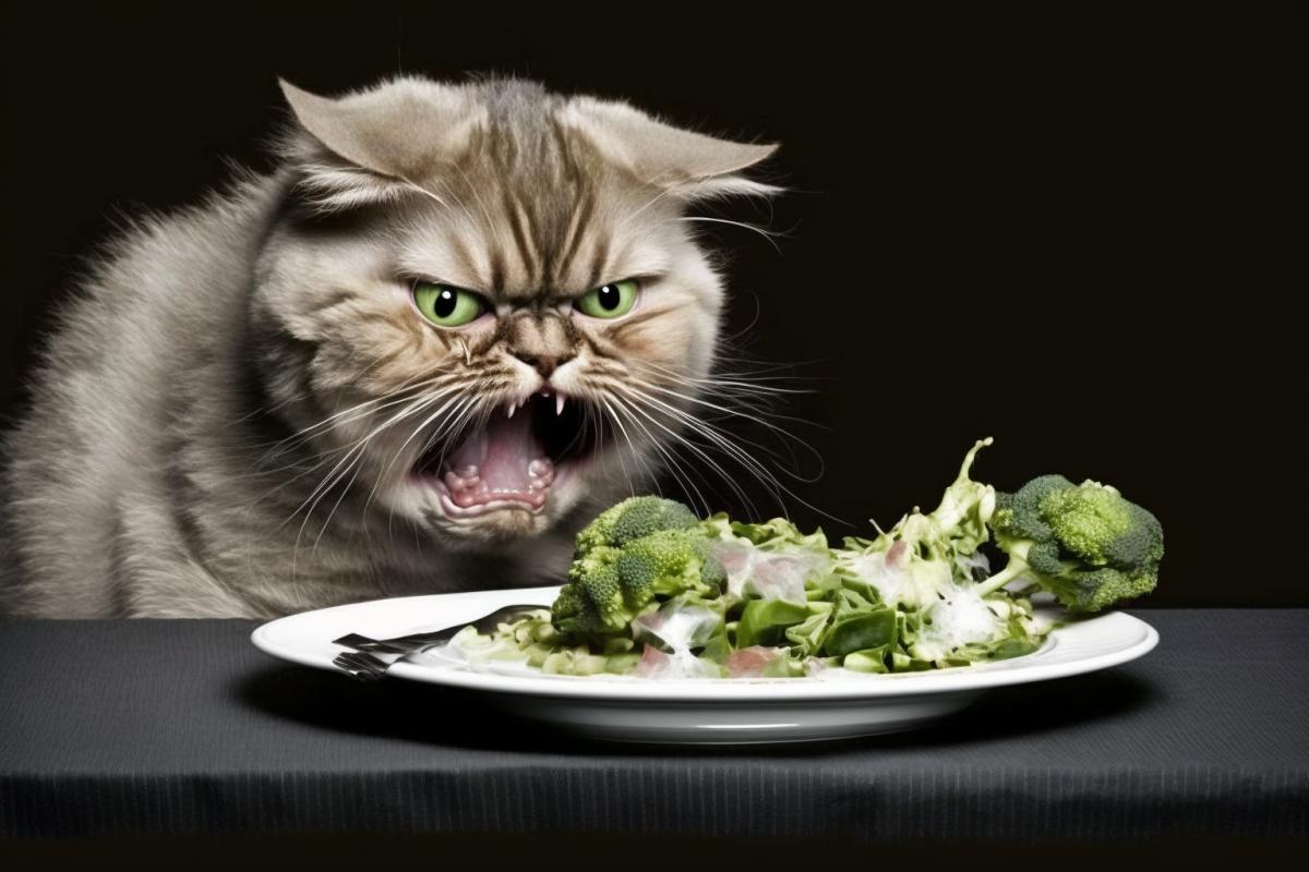 The cat is disgusted by the salad at the table