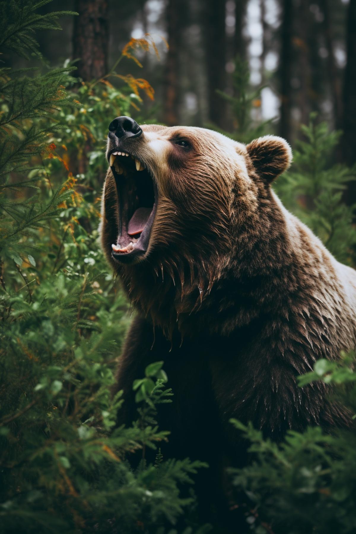The bear screams from the bushes in profile