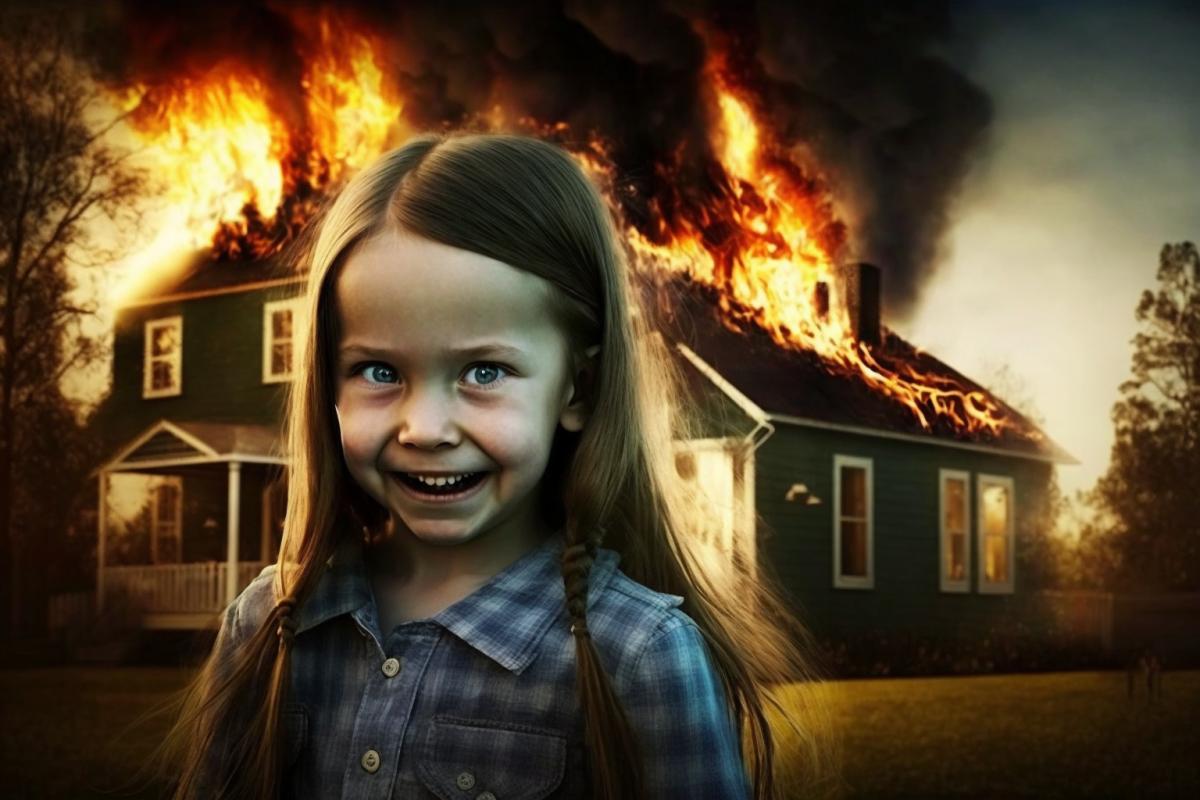 Little insidious girl smiles against the backdrop of a burning house