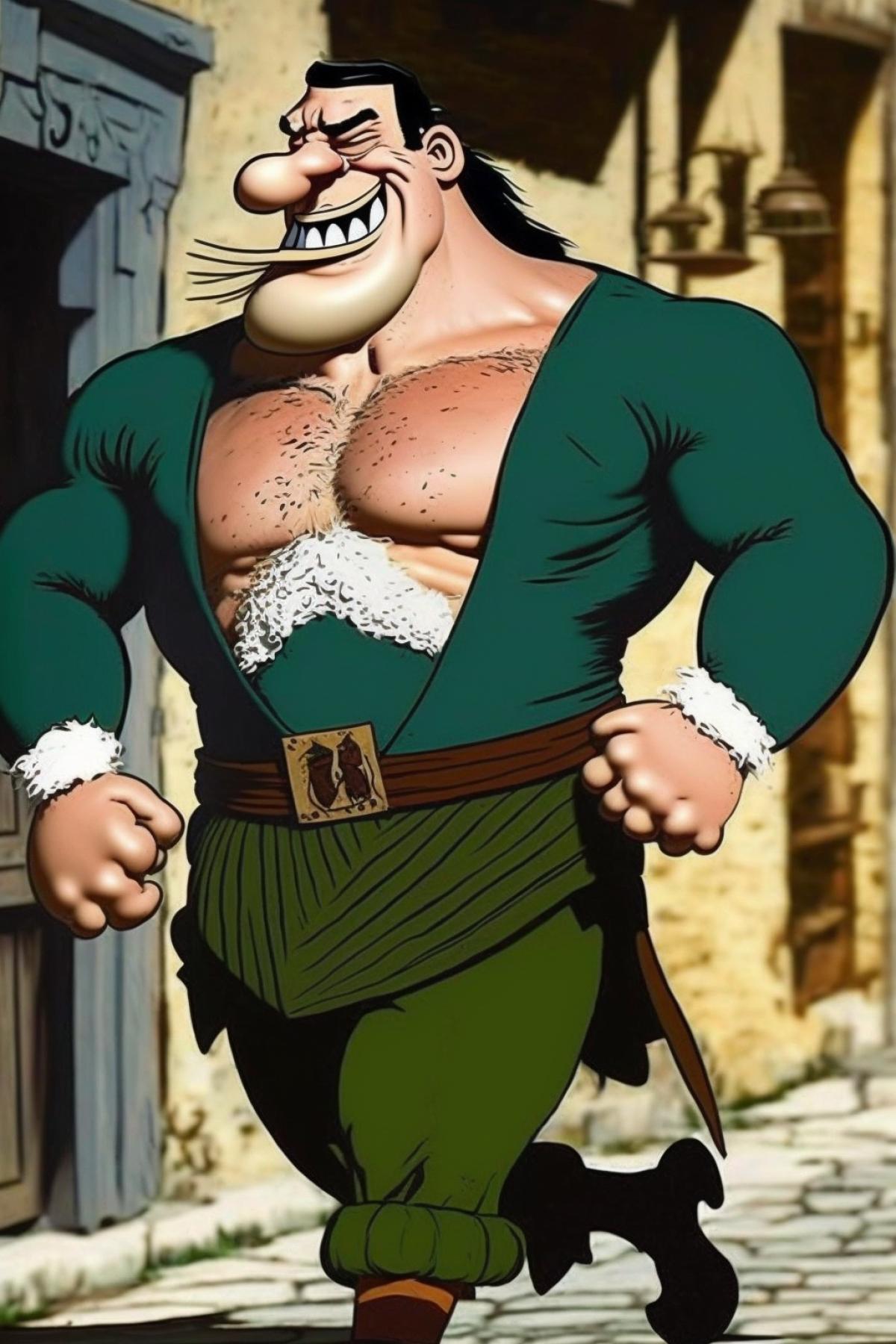 The man, a bodybuilder with a very narrow waist, is dressed in a 17th century style with allonge, a green camisoleman. Wide smile with closed teeth. He walks along a wooden pavement. Side view.