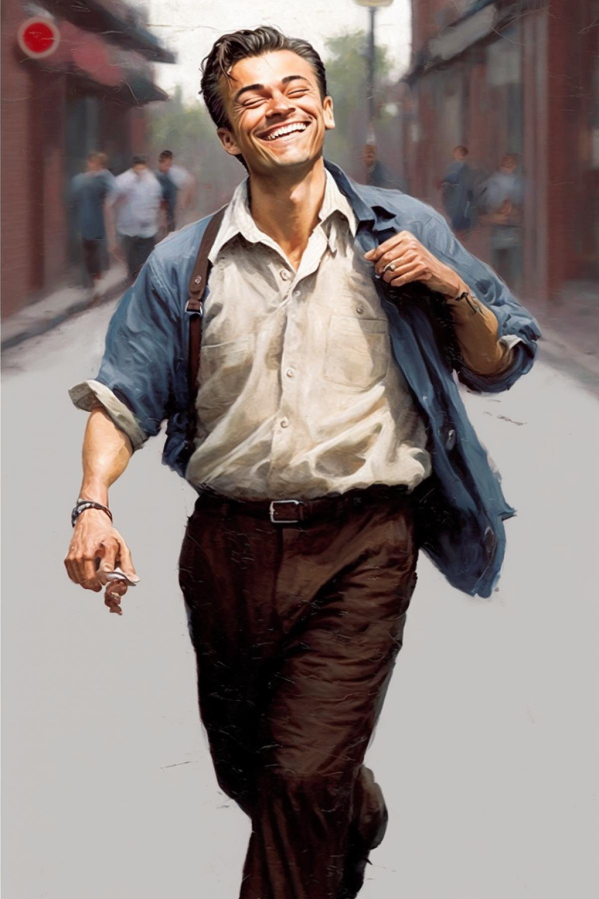 a cheerful man walks briskly down the street, tilting his head to the side, one hand in his pocket