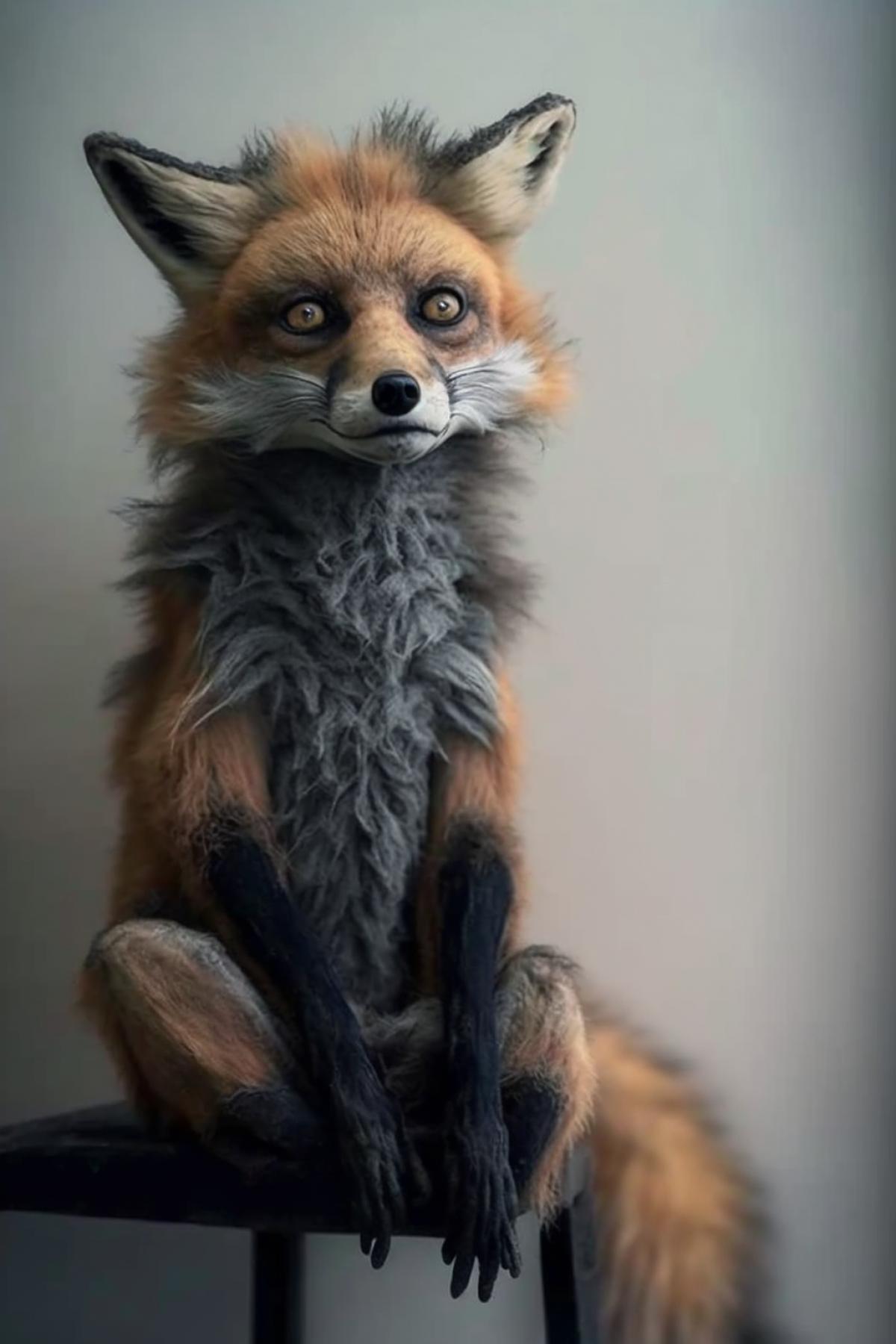 sad disheveled fox sits, sad eyes