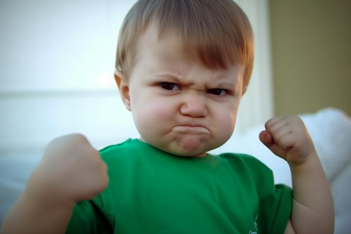 a small pretty boy with a green and white shirt on shaking his fist, meme