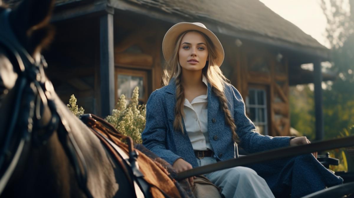 A girl coachman in denim clothes is sitting in a village cart pulled by a horse of a beautiful suit landscape 4k live photo