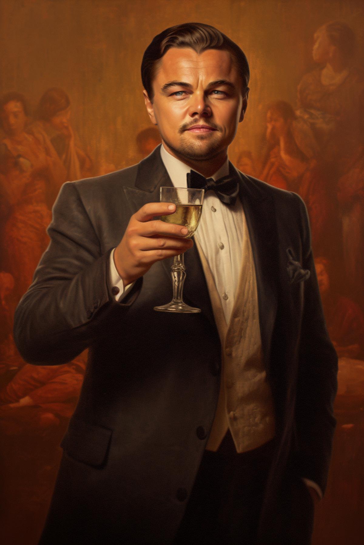 Leonardo DiCaprio holds out a glof champagne