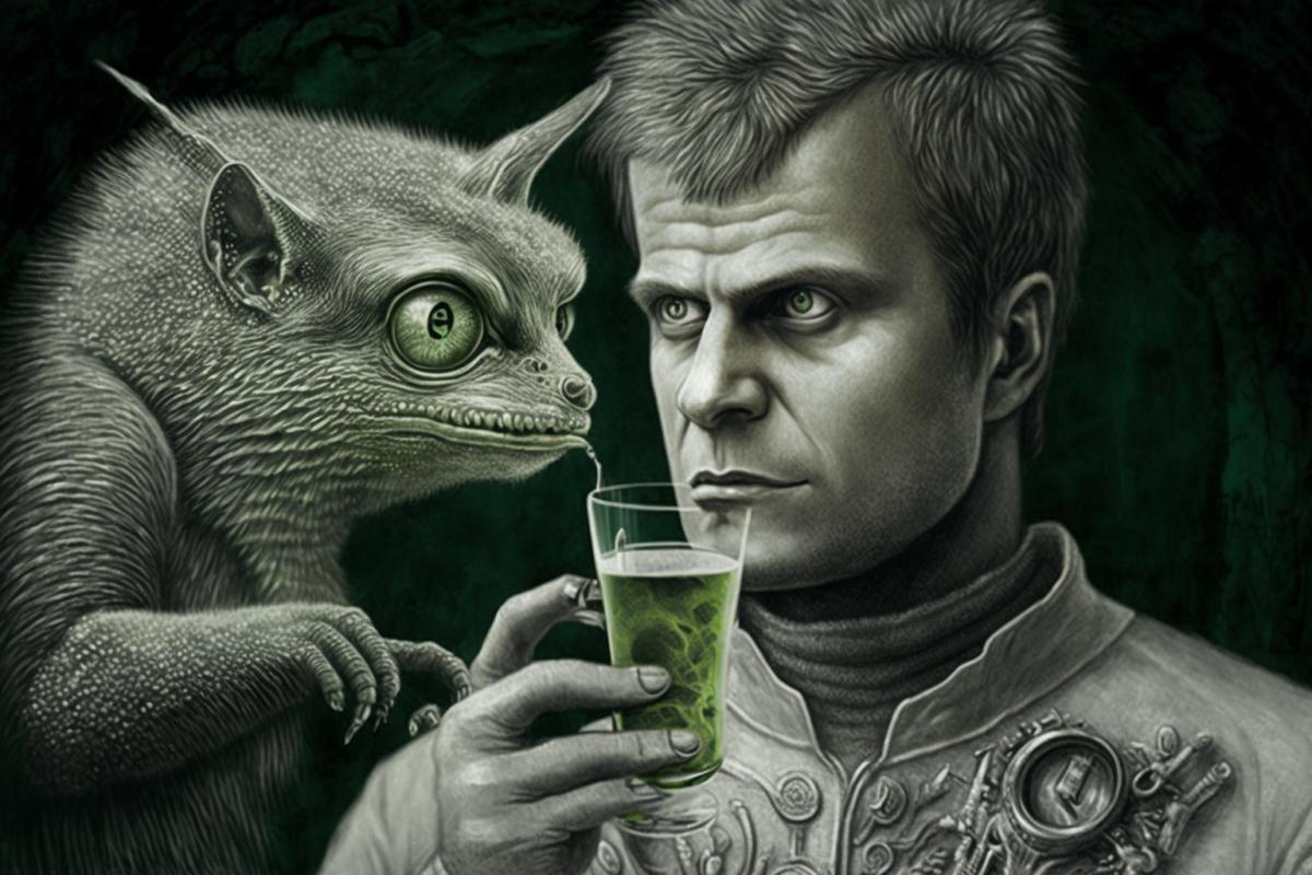 A man in an old T-shirt and a squirrel drink vodka and eat cucumber, Giger style