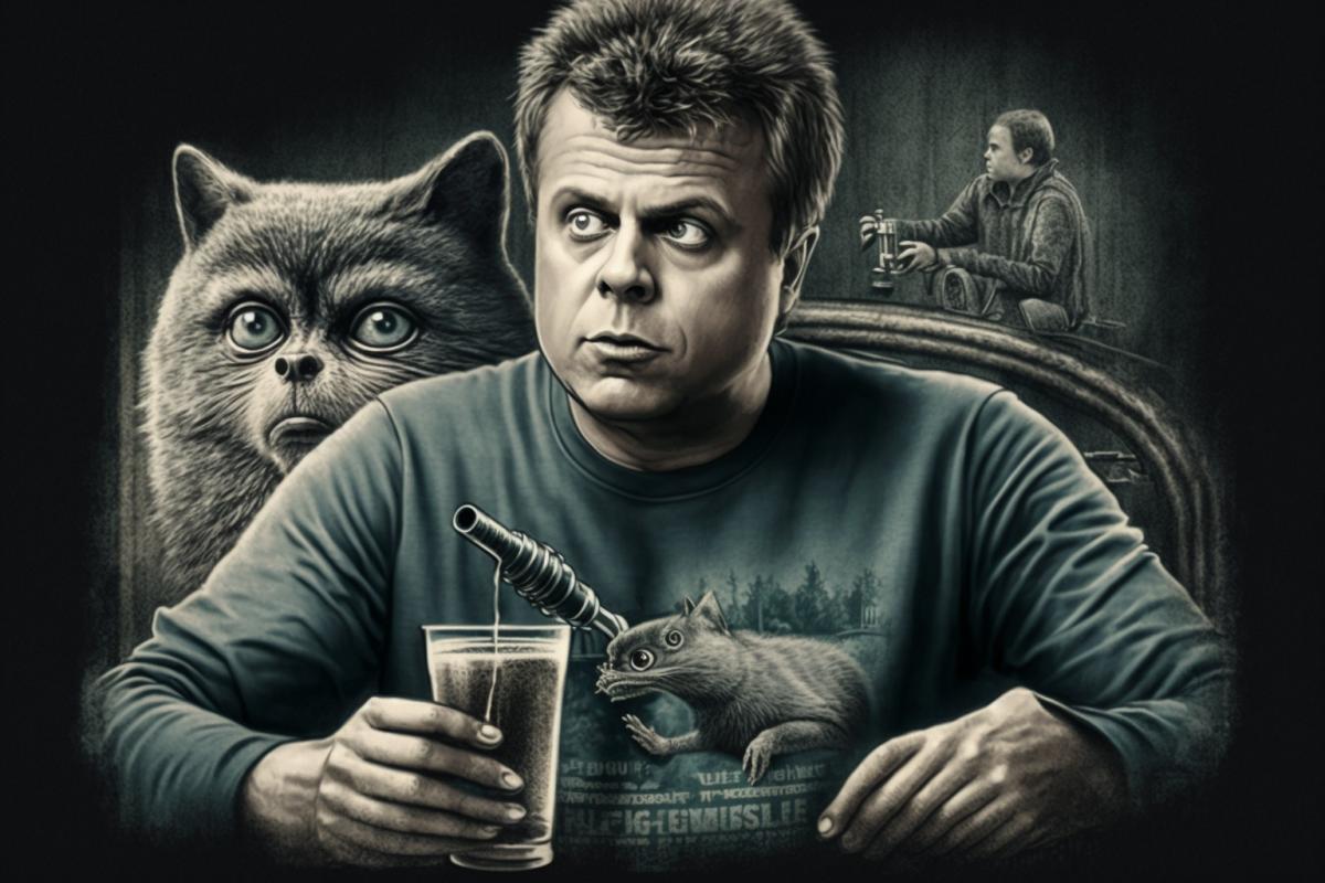 A man in an old T-shirt and a squirrel drink vodka and eat cucumber, Giger style