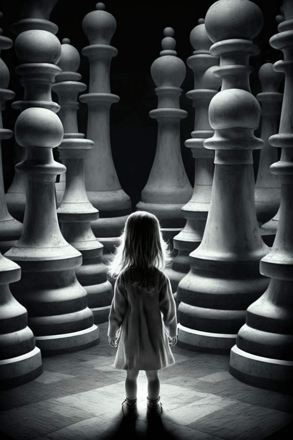a little girl stands on a chessboard surrounded by huge chess pieces