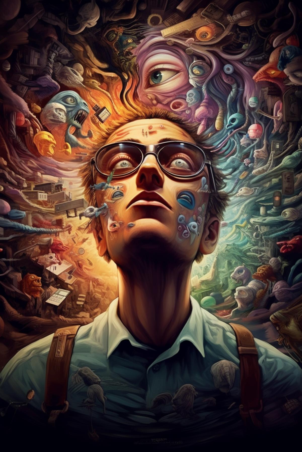 Hallucinations, disintegration of personality, delirium, schizophrenia, other worlds, sleep of the mind, mind games, Lovecraft, depression