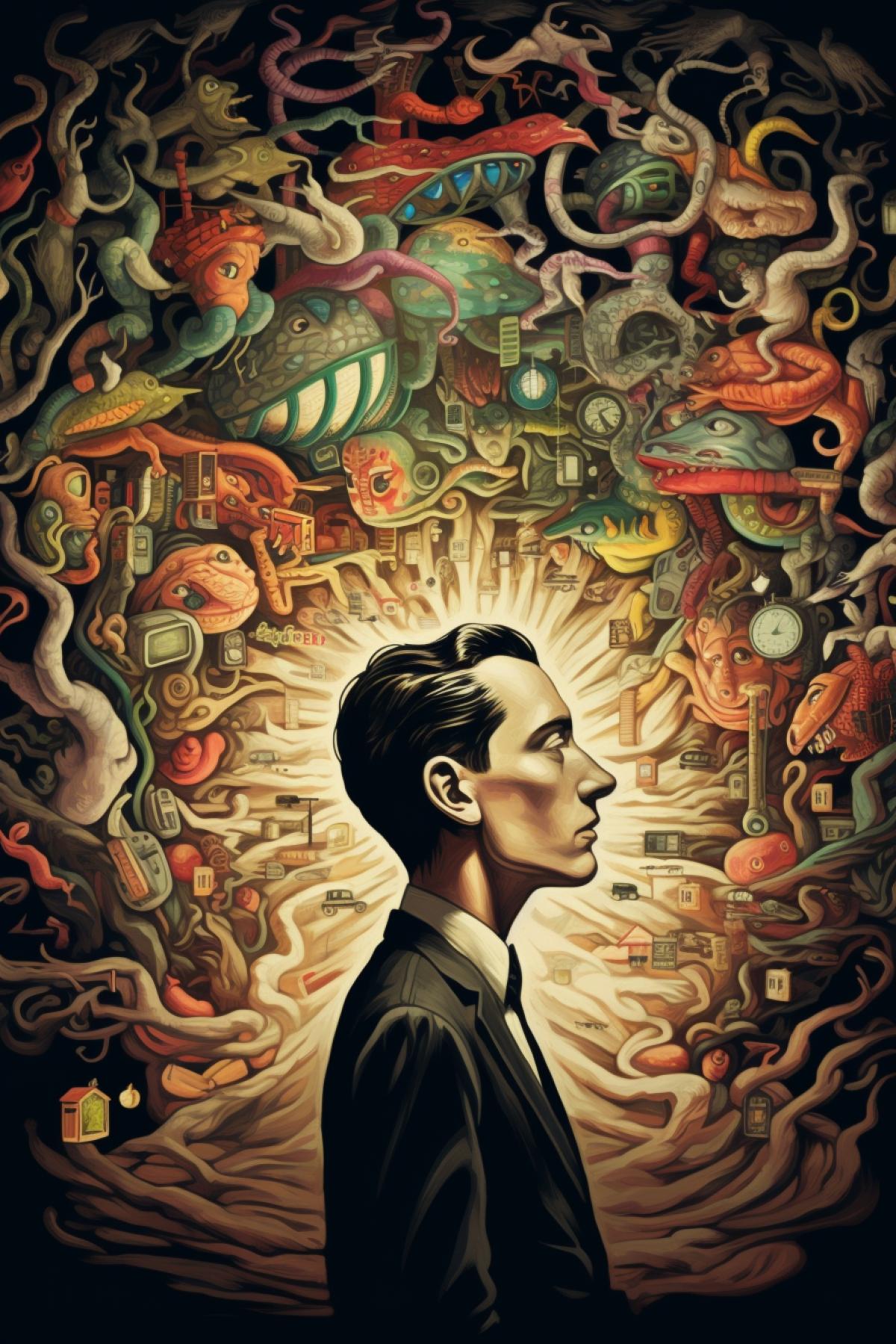 Hallucinations, disintegration of personality, delirium, schizophrenia, other worlds, sleep of the mind, mind games, Lovecraft, depression