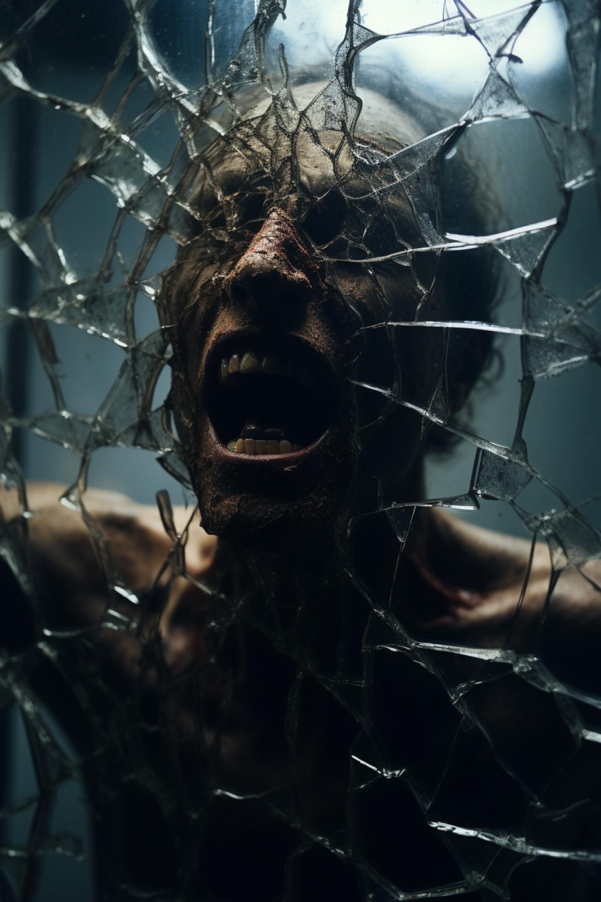 Scary reflection in a cracked mirror screams, ghosts, fear, anxiety, depression, hallucinations