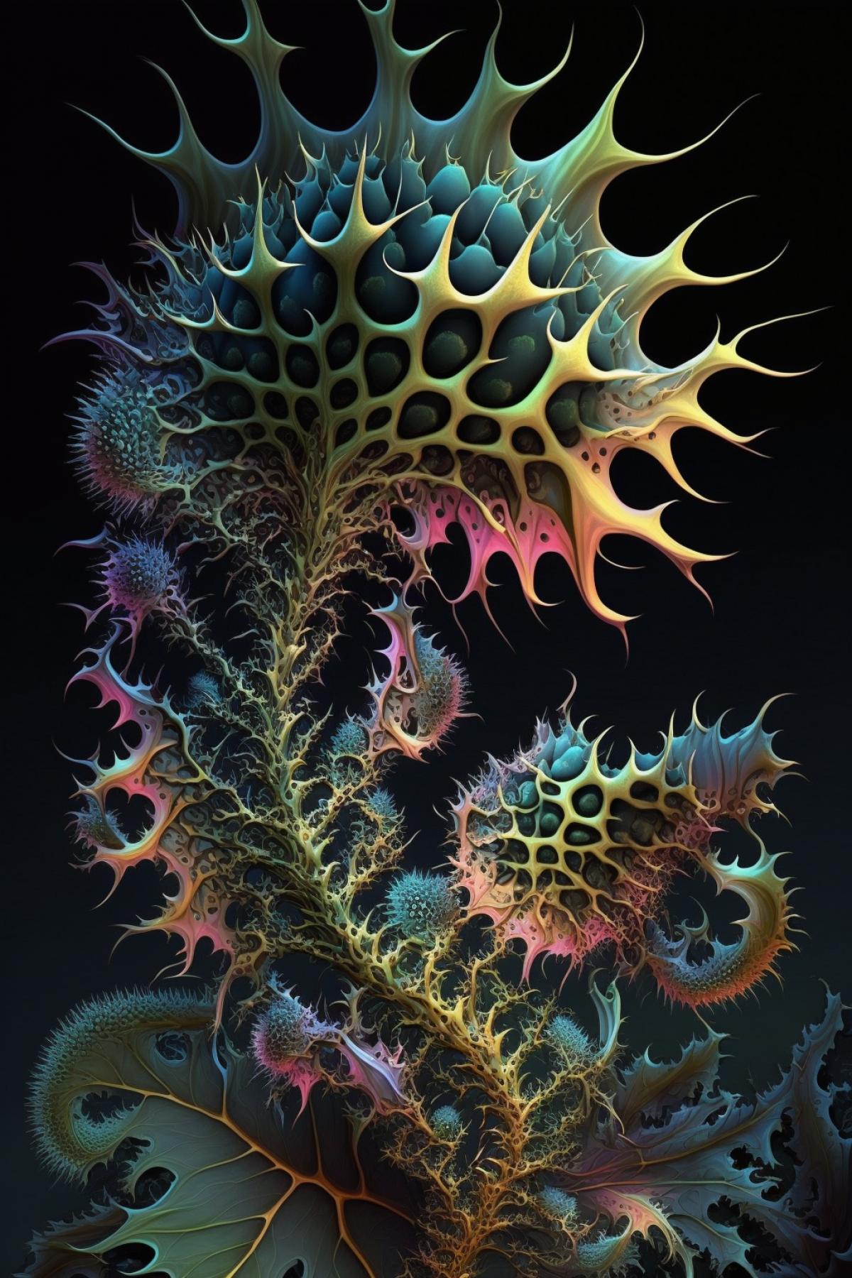 magnificent thorny dendritic fractal, colorful, iridescent, rococo, datura hallucination