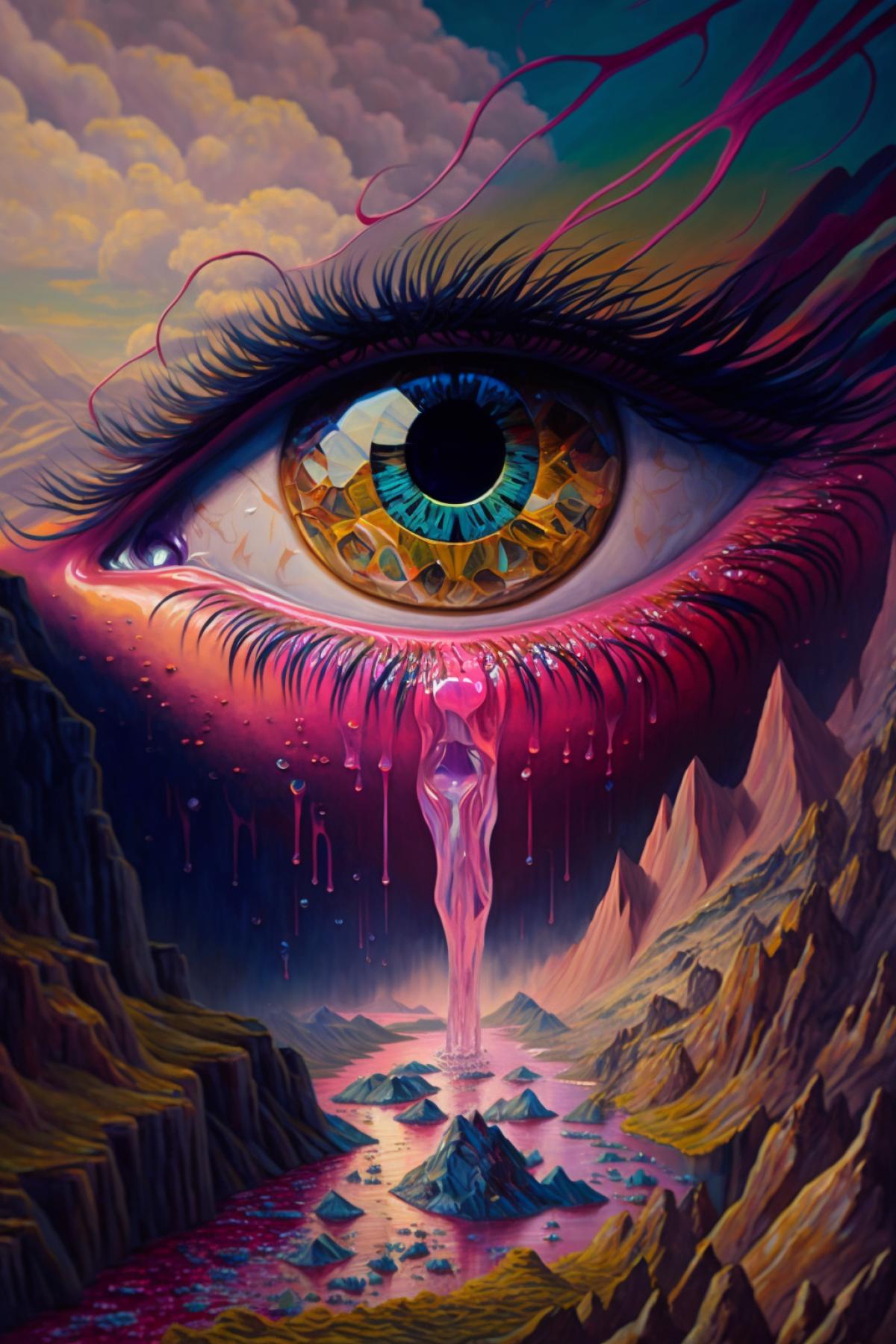 intricate and detailed picture of eyes melting out of a mountain, hallucination, acid, trippy, Callie Fink art, art by Callie Fink, by Jean-Honoré Fragonard, Peter mohrbacher, beautiful, pink, Colors, hyper detailed, insane details, intricate, elite, art nouveau, ornate, elegant, luxury, golden ratio, environmental key art, octane render, ray trace, 35mm, flash photography, cinematic, Shinkai Makoto, Nihei Tsutomu, hyper maximalist, dystopian, hyper detail, 8k, octane render, epic com4k, beautiful, landscape, dramatic lighting golden ratio