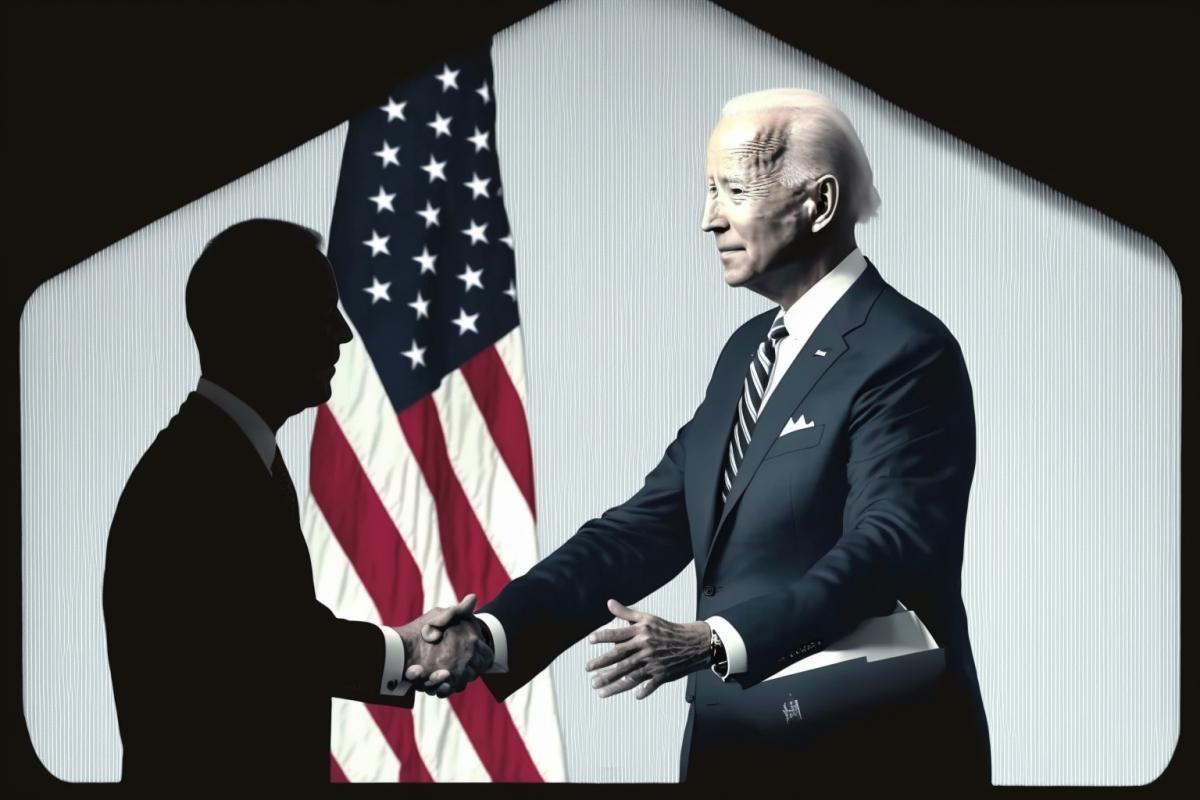 Biden holds out his hand in greeting. Art photography.