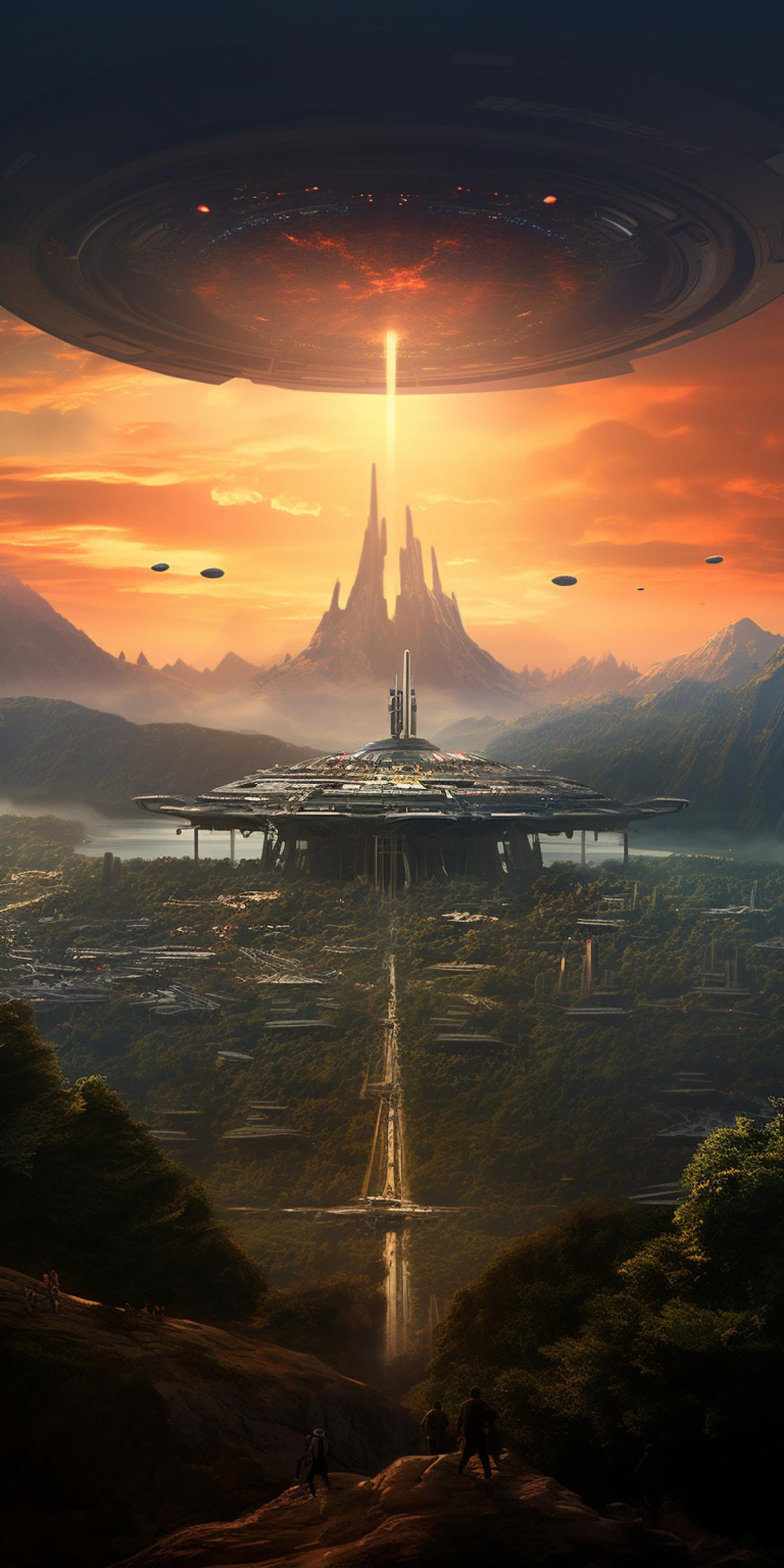 standing at a tall hill looking over an alien valley forrest, where a big starship is launching from the middle of a miliatary base on another planet, smoke from the engines, sunset behind the mountains in the distance