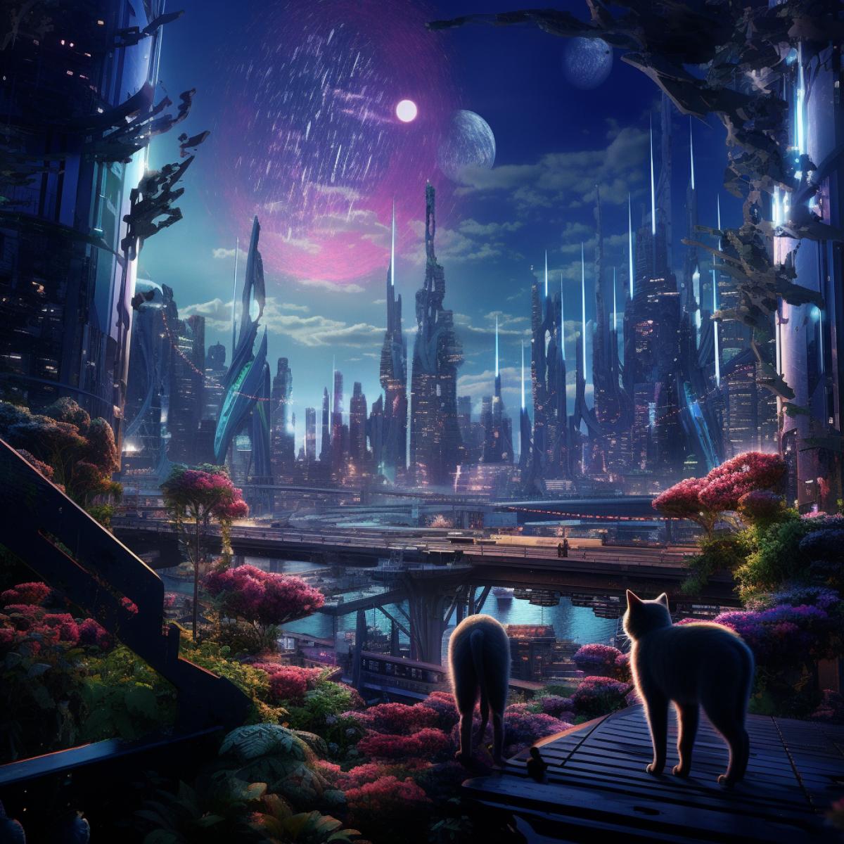 an incredibly beautiful futuristic city in the sky on another planet that is made out of neon lights, beautiful flowers and foliage, that is completely ran by cats. The cats rule over humanity with an iron paw in this beautiful city. Futuristic, hyper realistic, photogenic, photo realistic, 12k, incredible depth
