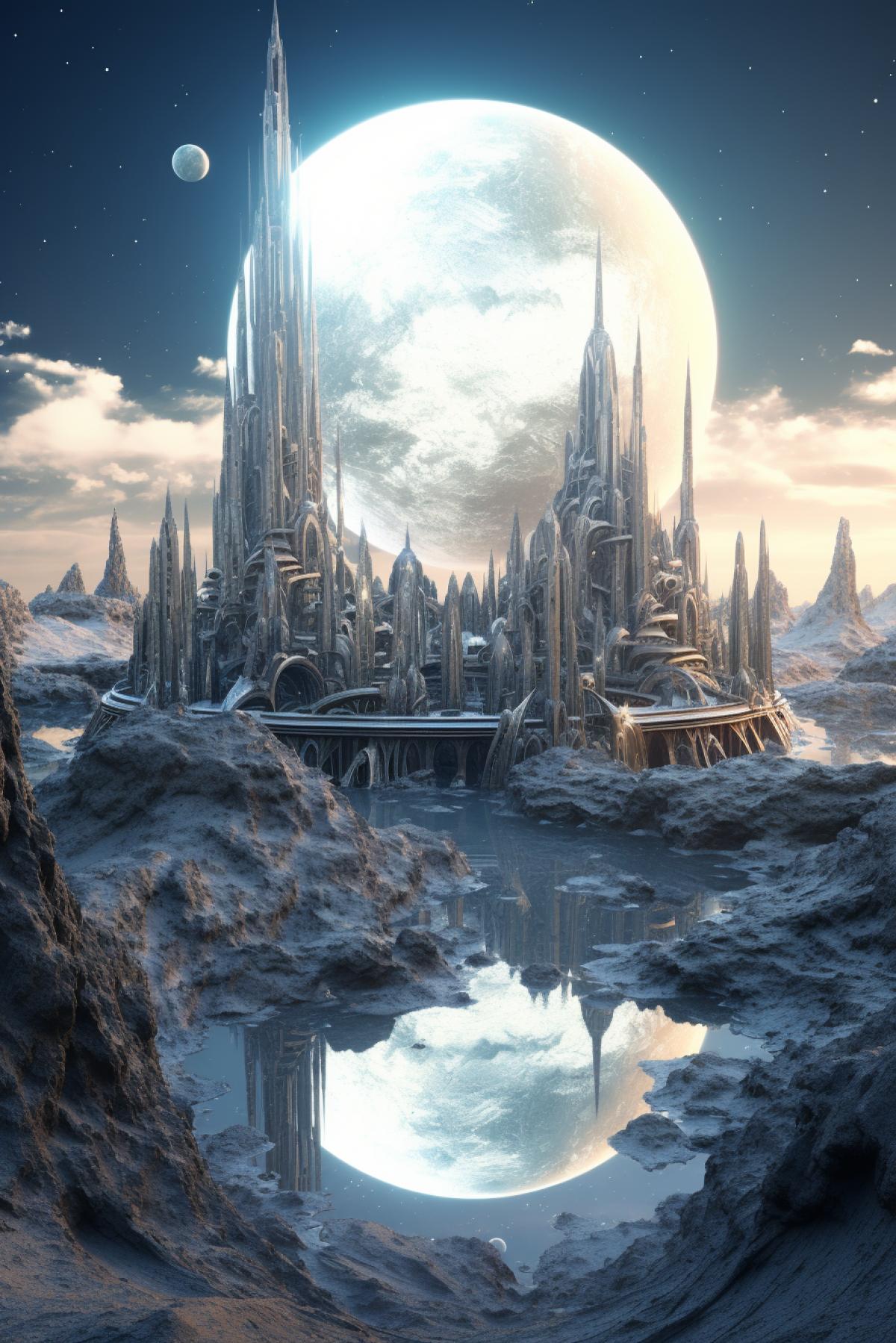 Fantasy, Marble Metropolis fallen from the sky on another planet, 8k