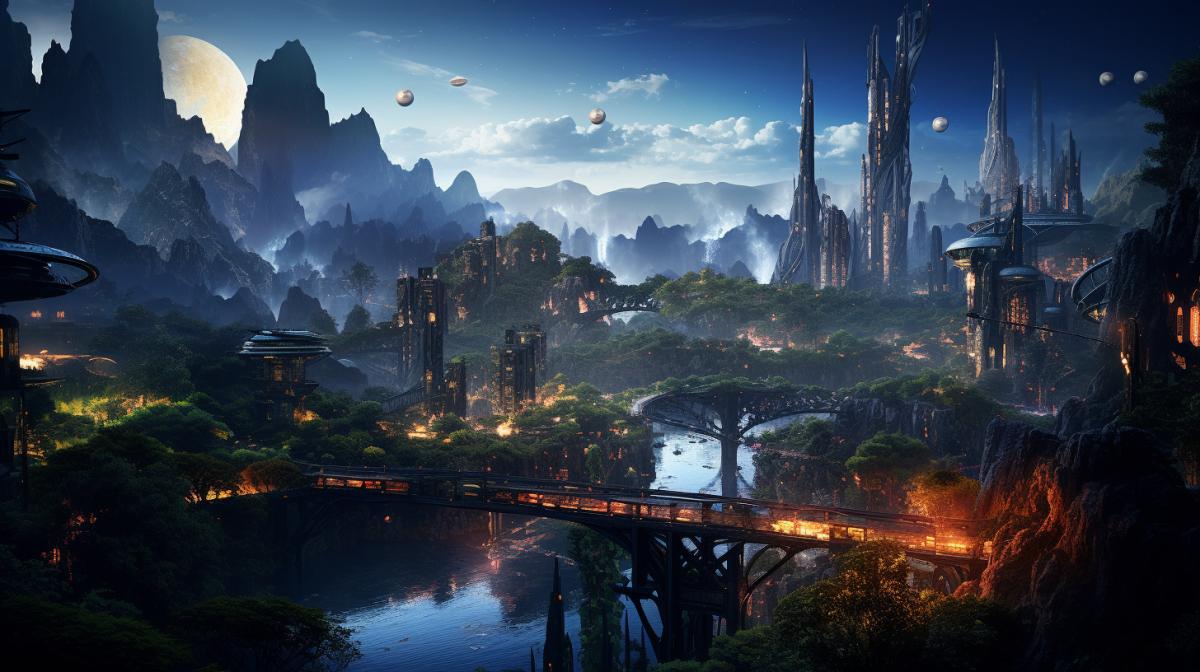 Fantasy city on another planet in the style of Ruan Jia