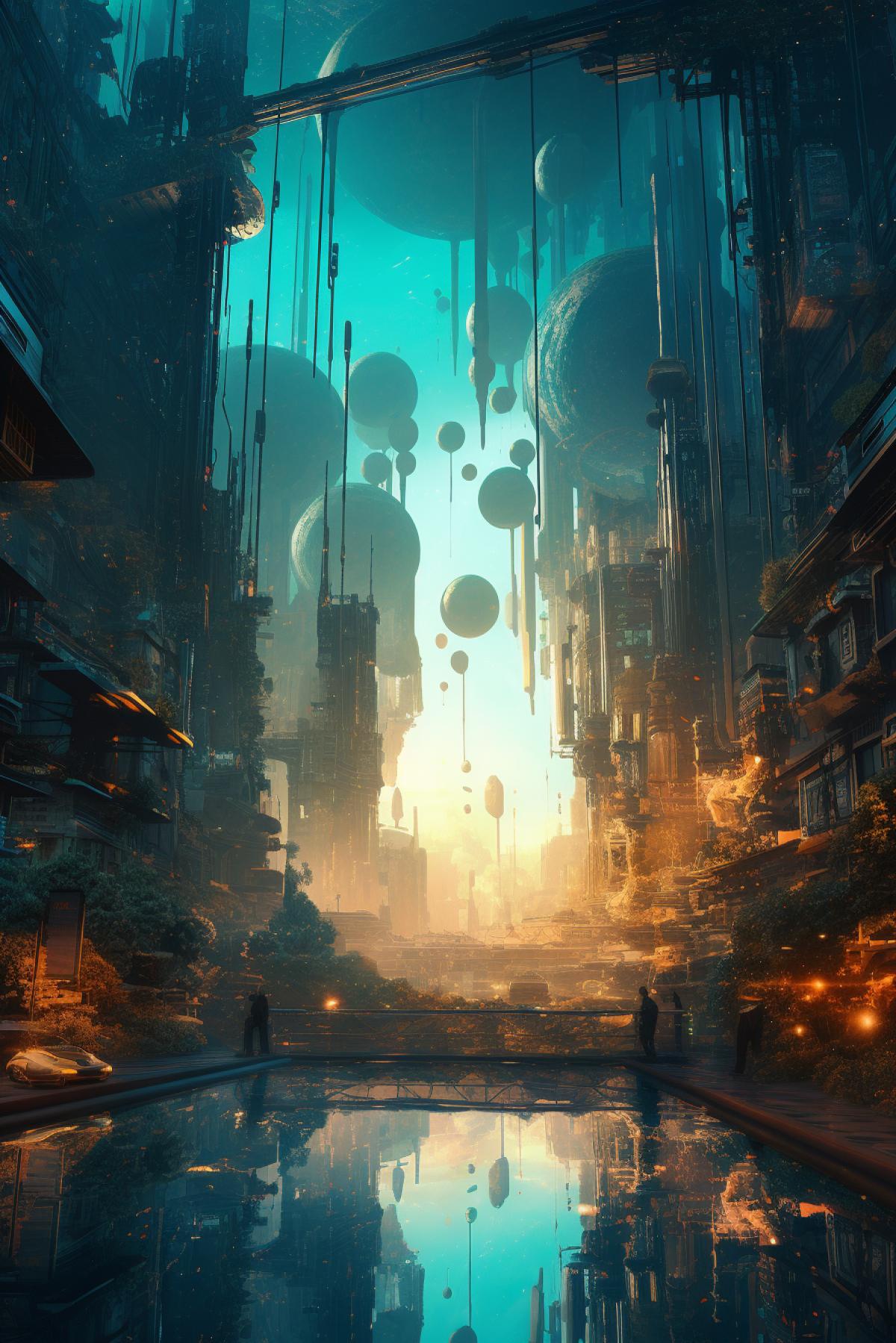 Futuristic city art, wallpapers 3d, in the style of cosmic symbolism, cyan and amber, ethereal nature scenes, 32k uhd, nuclear art, rim light, elihu vedder