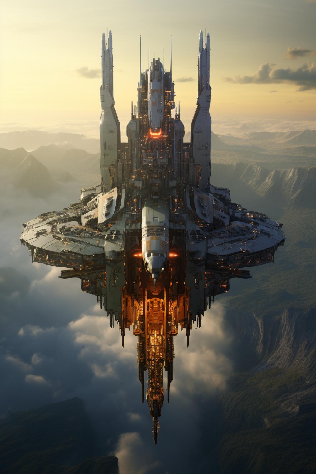 starship massive explorer, long mining transport, inner space architecture near cloudy green planet at dawn, dust, chris foss starship, concept design, matte painting, space opera in style of John Harris sandu baciu, mass, massive mechanical elements, volumetric light, eerie, metal structure, robotics, artificial, 8k, hyper details, intricate design details, photography award, octane render
